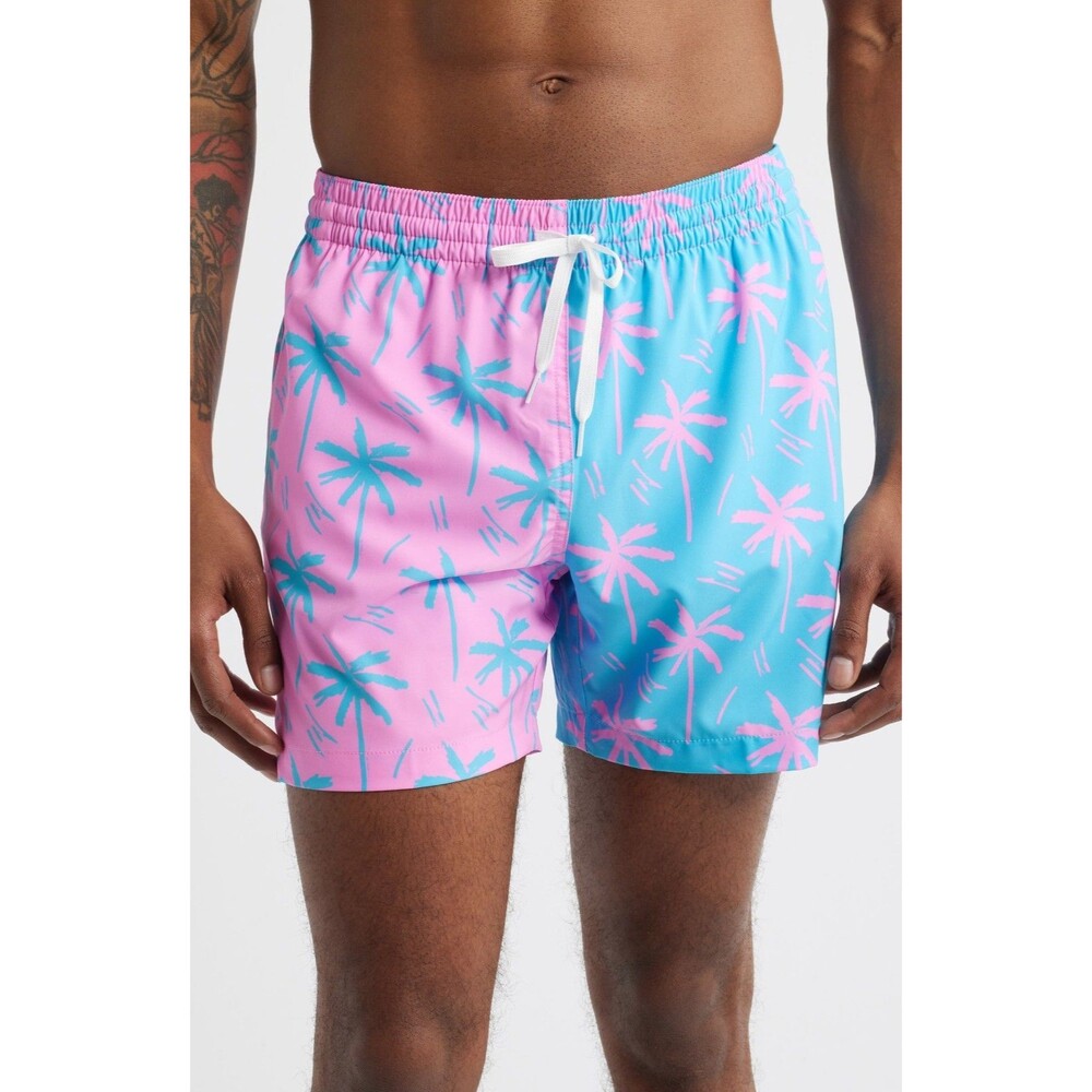 Chubbies Mens Medium Prince Of Prints Swim Trunks 5.5 Pink Blue Palm Tree Lined